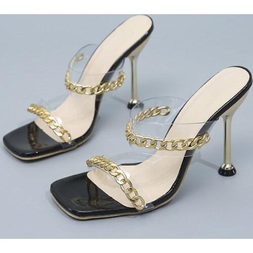 Thin High Heels Chain Slippers Sandals Shoes Women Summer Pumps Fashion Slip On Square Toe Slides Sandal Lady Pump Shoes Mules