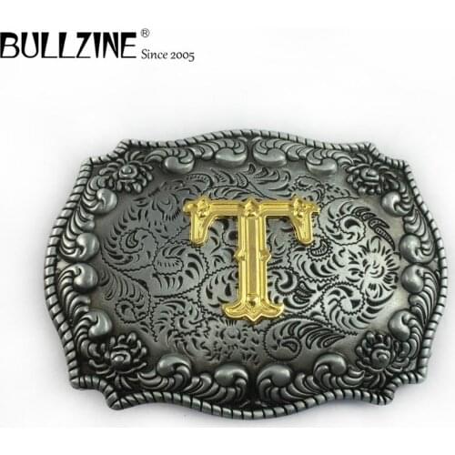 The Bullzine letter T belt buckle with pewter and gold finish FP-03687-T suitable for 4cm width belt