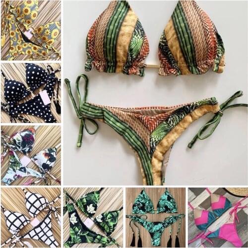 Sexy Halter Swimsuit Push Up 2020 Brazilian Bikini Tropical Plant Prints Swimwear String Mini Swimsuit Women Thong Micro Bikinis