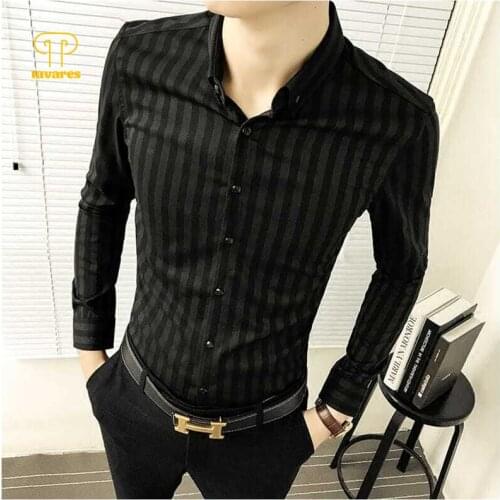 TAVARES Men Dress Shirts Stripes Fashion Office Social Business Collared Shirt Long Sleeve Work Clothes
