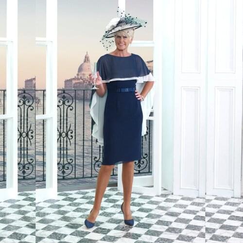 Dark Navy Short Mother of the Bride Dresses With Shawl Knee Length Wedding Party Gowns Boat Neck Bow Belt On Sale