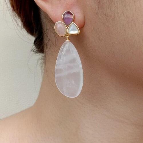 YYGEM Natural Amethyst teardrop Rose Quartz White Shell Dangle Stud Earrings romantic style for women