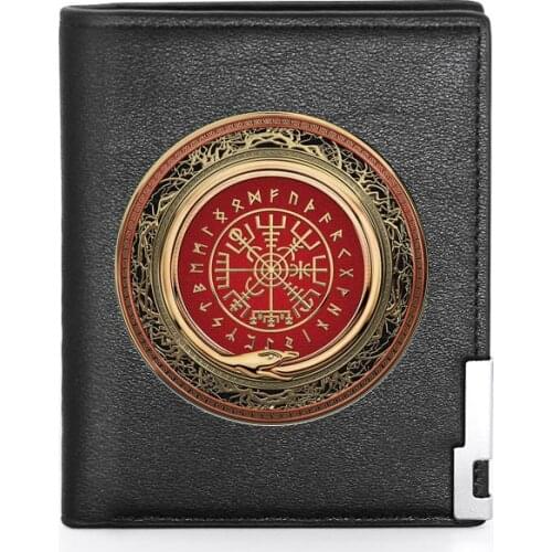 High Quality Classic Viking Badge Printing Leather Wallet Credit Card Holder Short Purse