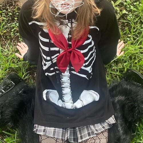 Y2K Skulls T Shirt Goth Black Long Sleeve Pullovers O Neck Vintage Loose Gothic Tee Women Autumn Harajuku Tops Cosplay