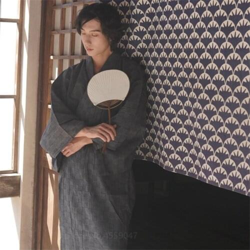 Japanese Kimono Men Samurai Yukata Black Gray Check Robe Asian Traditional Style Casual Simple Fashion Streetwear Homeware Suit