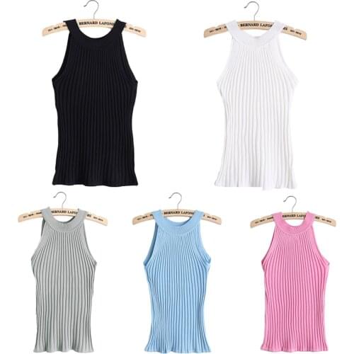 High Quality Summer Women Mock Neck Top Turtleneck Sleeveless T-shirt Slim Knitted Vest Female Tee Knitwear