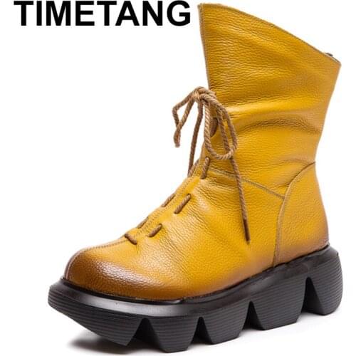 TIMETANG 2021 Botas Women Motorcycle Ankle Boots Wedges Female Lace Up Platform Spring Genuine Leather Handmade Shoes Woman