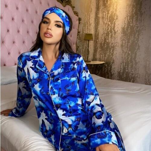 Euro-America Womens Suit Colorful Butterfly Print V-Neck Long Sleeve Pajamas with Headband 3 Piece Set Female Home Suit 2021