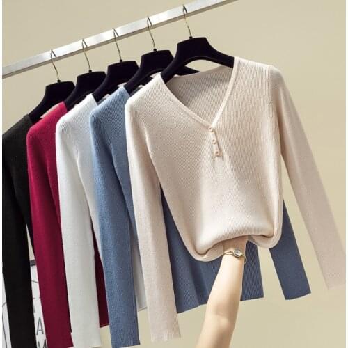 Women Sweater Fall Winter Fashion Sweater Women Slim V-Neck Button Knitted Pullovers Vintage Black White jersey mujer 2021