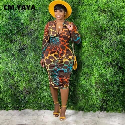 CM.YAYA Women Leopard Print Zipper Up Turn-down Neck Long Sleeve Stacked Bodycon Midi Dress Elegant Active Ruched Draped Dresses