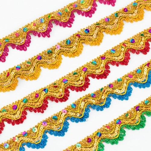 10Yds National style Multicolor Lace Fabric 3cm Width Sequins Wavy Shape lace trim for Curtain Garments And Wedding Decoration