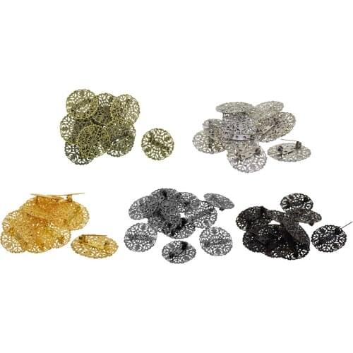 12 Sets Metal Round Flower Brooch Base Cabochon Blanks Trays with Brooch Pins Cameo Cabochon Base Setting