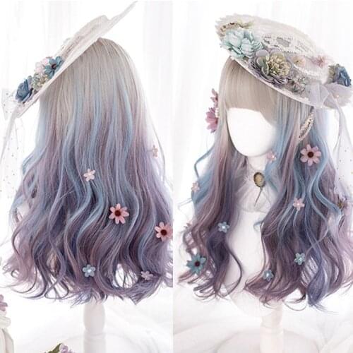 Allaosify Long Synthetic Lolita Cosplay Wig with Bangs Cute Pastel for Girls Purple Gray Half and Half Multicolor Headband Wig