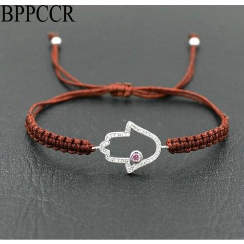 BPPCCR Shiny Pink Crystal Micro Pave Zircon AAA Rhinestone Hamsa Hand Brown Rope Braid Bracelets Women Lucky Lovers Pulseras