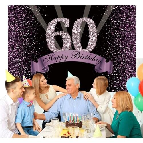 Happy 60th Birthday Backdrop for Women Happy Sixty Years Old Birthday Party Background Shining Glitter Purple Party Banner Photo