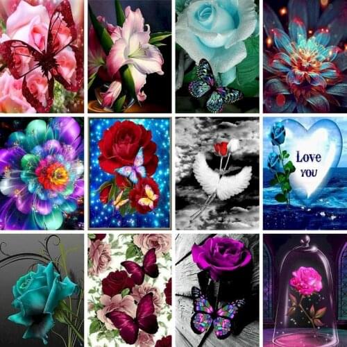 GATYZTORY 5D DIY Diamond Butterfly Flower Arrangement Vase Cross Stitch Diamond Embroidery Mosaic Diamond Home Decor