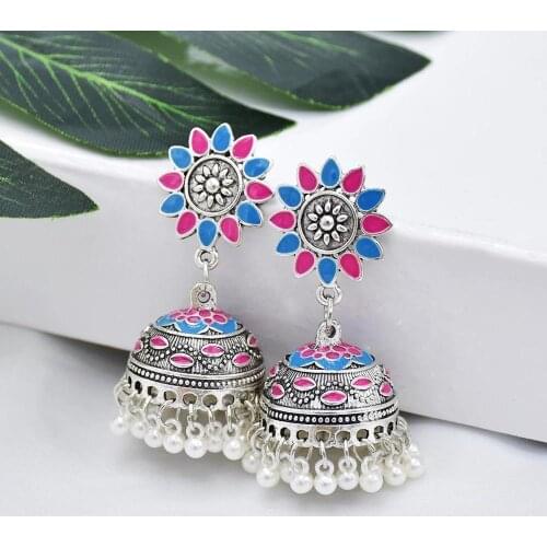 Indian Jhumka Earrings for Women Boho Oxidized Silver Color Sunflower Pearl Statement Earring Gypsy Tribal Party Jewelry Gift