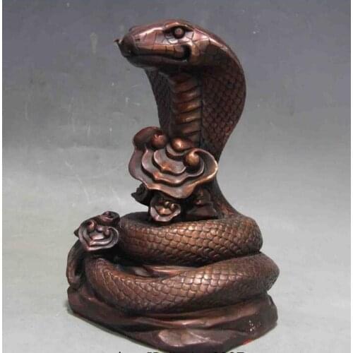 Chinese Folk Red Copper Bronze Fengshui Lucky Wealth Zodiac snake Cobra Statue
