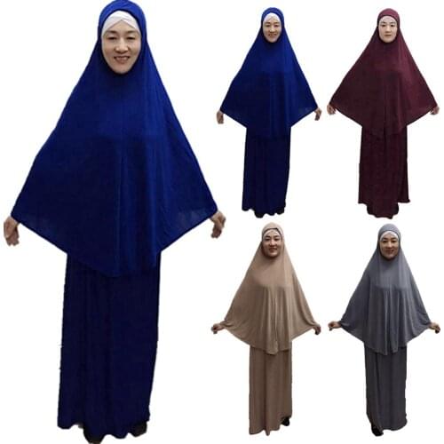 Muslim Women Prayer Garment Clohtes 2 Pieces Set Solid Large Scarf Hijabs Overhead Amira Tops Skirts Ramadan Islamic Abaya Cover