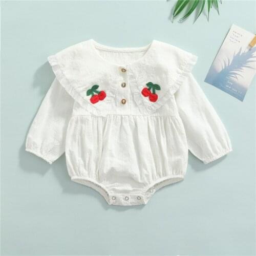 0-18m Baby Girl Cherry Embroidery Short Bodysuit Girl Long Sleeve Pan Collar Jumpsuit For Girl Spring Autumn White Lace Playsuit