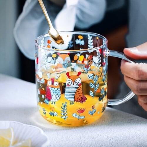 450ml Cartoons Glass Mug Creative Cute Girl Breakfast Milk Coffee Cup Household Couple Water Mugs Teacup Heat Resistance