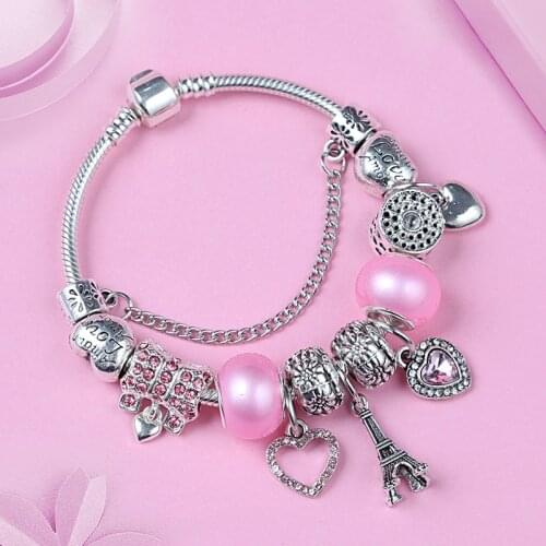 Leabyl Silver Color Eiffel Tower Love Pendant Charm Bracelet Romantic Pink Crystal Heart Bracelets Beads for DIY Jewelry Making