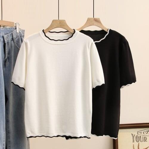 Summer T-Shirt Women Clothes Tees 2021 Casual Plus Size Tops Short Sleeve Ice Silk Knitting Wave Collar Camiseta Mujer