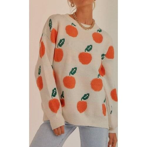 Fashion Sweater Loose Orange Pattern Knitted Sweaters Y2k Women Pullover Tops Winter Long Sleeve Sweaters Jumper Autumn Outwear