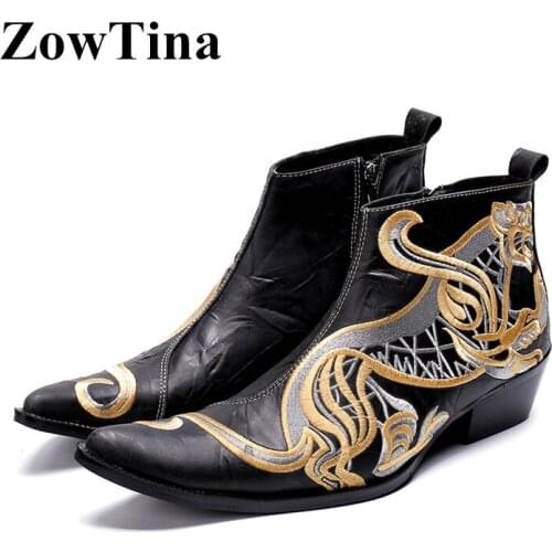 Men Black Embroidery Short Boots Side Zip Winter Ankle Booties Shoes for Men Handmade Real Leather Man Combat Work Boots