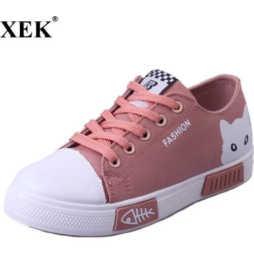 XEK 2018 New Summer Women Canvas Shoes Cat Flats Women Casual Shoes Cute Cartoon Lace Up Student Canvas Women Shoes JH189