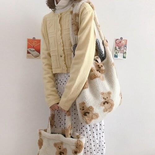 New Women Lamb Like Fabrics Shoulder Tote Bag Canvas Fluffy Fur Bear Handbags Shopper 2021