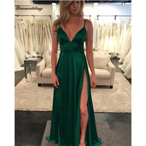 Sexy Sheath Evening Dresses Side Split Spaghetti Straps Deep V-Neck Prom Dress Girl Floor Length Custom Made Party Dresses