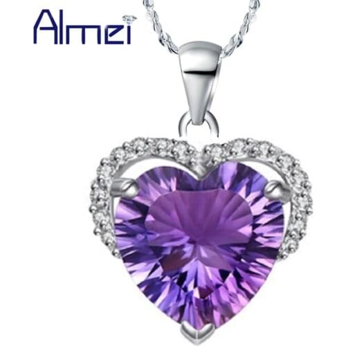 Almei 5%Off Silver Love Heart Necklace Pendant With Purple Stone Chain Women Female Colar Feminino CZ Jewelry DZ006