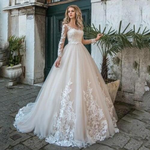 Wedding Dress 2021 Luxury Lace Full Sleeve Court Train Sexy Back Button Ball Gown Princess Dresses