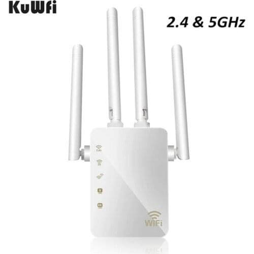 KuWFi 1200Mbps WiFi Repeater with 4 External Antennas, 2 Ethernet Ports, 2.4 & 5GHz Dual Band Signal Booster Full Coverage WiFi