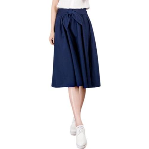 Hot Elegant Women Skirt High Waist Pleated Knee Length Skirt Vintage A Line Big Bow Skirts New