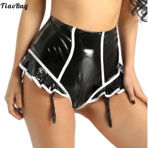 TiaoBug Women Wetlook Faux Leather Ruffled And Lined Zipper Crotch High Waist Surspender Panties With Plastic Garters