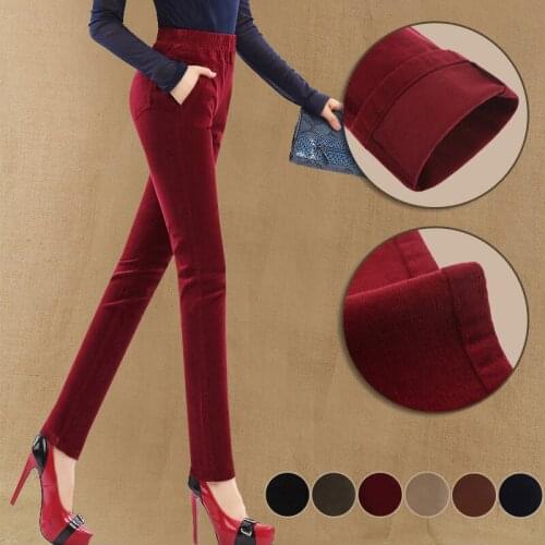 Plus velvet casual corduroy high waist slim slimming feet pencil pants elastic waist large size stretch pants women plus size