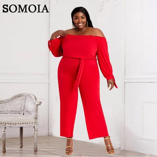 Plus Size Women Romper Casual Straight Trouser Wide Leg Pants Slash Neck Elastic Jumpsuit with Sash Jumpersuit Wholesale Items