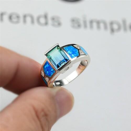 Blue Green Crystal Ring Blue Fire Opal Rainbow Square Zircon Rings For Women Dainty Silver Color Engagement Ring Fashion Jewelry