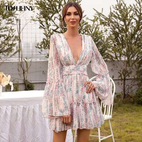 Tosheiny 2021 Summer Sexy Print Mini Women Dress Deep V Long Flare Sleeve Elegant Flower Party Short Dresses Vestidos M01397