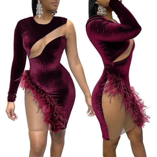 BKLD Sexy Feather Mesh Patchwork Irregular Dress 2020 Autumn New Fashion One Shoulder Long Sleeve Bodycon Nightclub Clothes