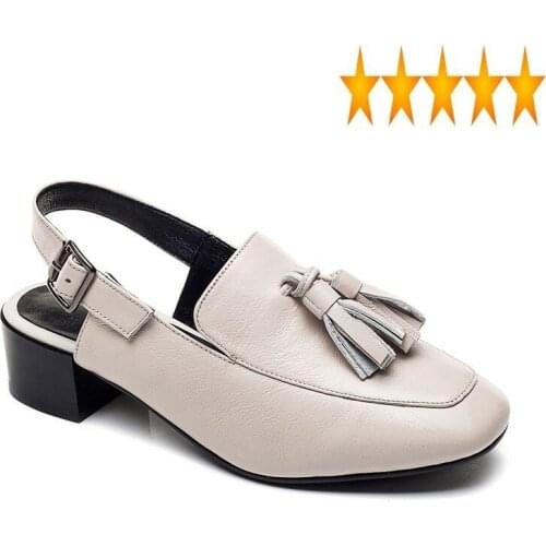 Ladies Block Med Heels Elegant Back Buckle Straps Summer Women Genuine Leather Shoes Vintage Tassels Close Toe Sandals