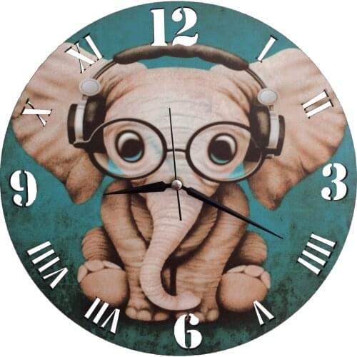 Wooden Silent Quartz Circle Cute Elephant Wall Clock 30x30 Cm Modern Green Design