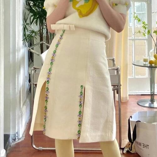 Designer High Waist A-Line Skirt 2021 Summer New Bowknot Beaded Chic Sexy Split Skirt Women Elegant Party Clothes Brand New