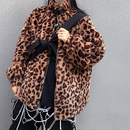 Europen Ins Fake Fur Leopard Jacket Women Autumn Winter Lady Teddy Jackets Loose Turtleneck Female Outerwear Faux Fluffy Coat
