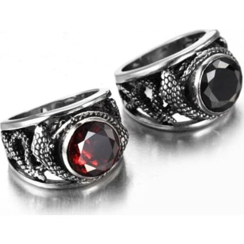 European and American stainless steel ring mens jewelry vintage inlaid red and black stone plate snake titanium steel ring