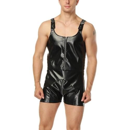 PU Leather Men Sexy Bondage Bodysuit Faux Latex Male Erotic Jumpsuit Club Stage Costume Fetish Gays Jockstrap Lingerie Clubwear