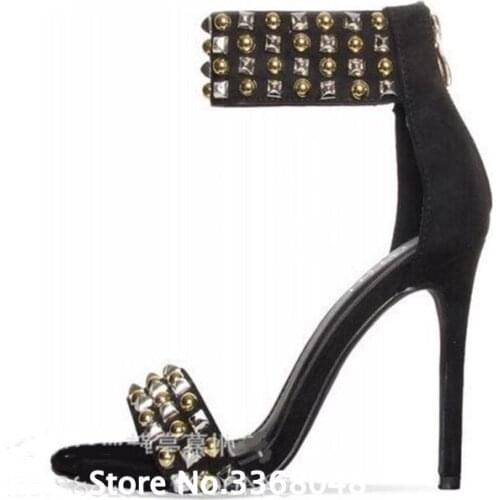 Graceful Sliver Gold Rivets Studded Woman Flock Sandals Open Toe High Heeled Wedding Shoes Black White Consice Party Shoes