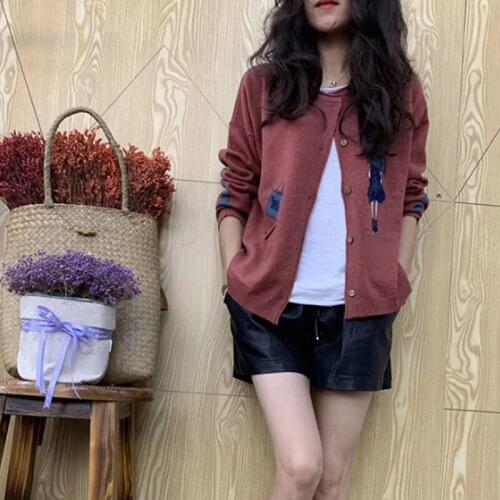 Casual Solid O-Neck Female Cardigan Long Sleeve Ladies Sweater with Buttons Cartoon Print Loose Woman Cardigans for Lady Outwear